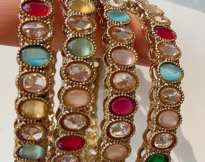 Antique finish Kundan polki navratan Multi  Bangles Set(4 Pc)/Indian bangles/Indian Jewelry/ Kundan Bangles/ kundan bangles/wedding jewelry