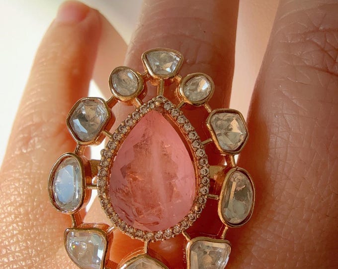 Tyaani Inspired Doublet Moissanite Adjustable Ring/ Baby Pink Doublet Stone Ring/ Indian Jewelry/Indian Wedding jewelry/