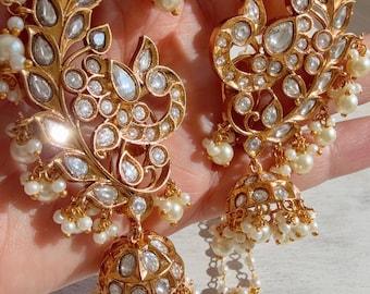 Pendientes Pachi kundan Gold Earcuff Jhumkas con sahare / Oro plateado earcuff jhumka / Gold Jhumkas /Boda india/