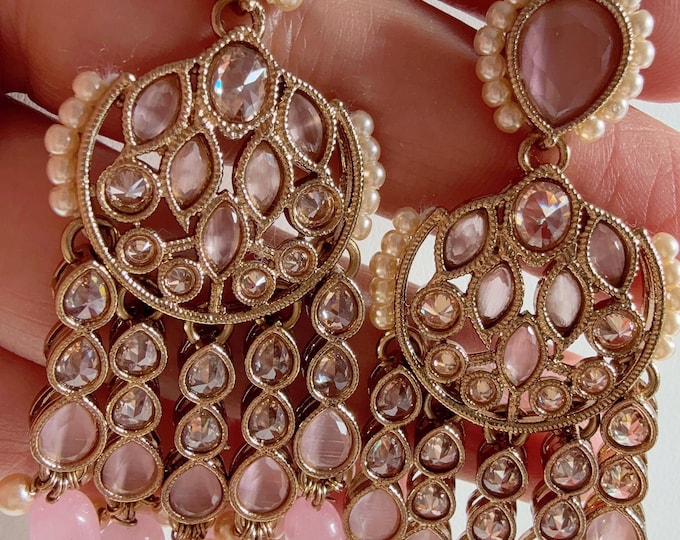 Baby pink  kundan  earrings  jhumka/Kundan Earrings /Statement earrings /Bridal earrings/Pearl drop Mint earrings/Baby pink Antique earrings