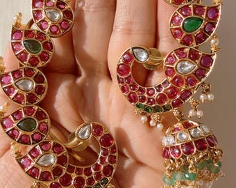 Mina Earcuff Ruby  green Stone One Gram Gold Jhumkas/Kemp Gold plated ear cuff jhumka /gold plated Earrings / Peacock Earcuff