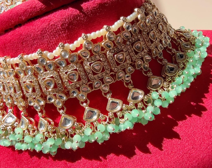 Antique Polki Kundan Mint choker Set/Kundan Choker/bridal necklace/Indian wedding jewelry/Bridal necklace set/Mint wedding Necklace