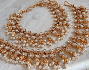 Sehar Veelzijdig ontwerp Gouden kundan-ketting/Sahare/oorbelsteunketting/Kaan sahara//Pakistaanse sieraden/Bahubali-oorbellen/Indiase sieraden