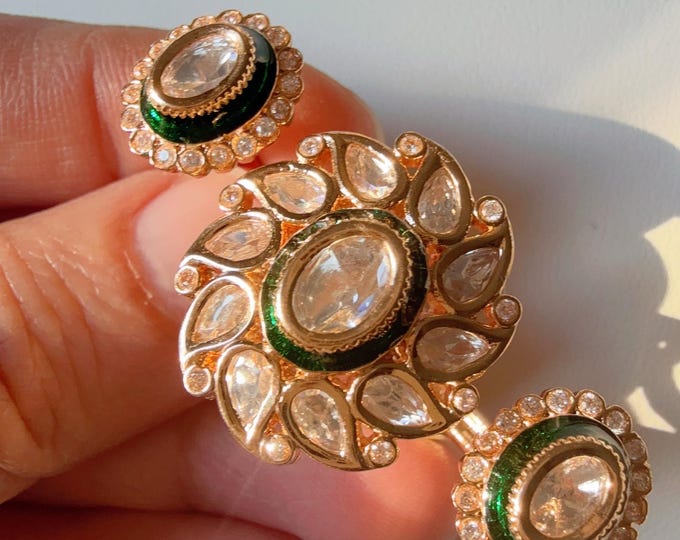 Bridal Kundan Moissanite Meenakari Ring/green bridal Ring/Double Finger Kundan Statement Ring /Two Finger Kundan ring