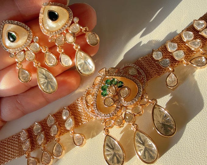 Moissanite Kundan Jewelry emerald green choker set/Polki Kundan Stone Mesh choker  Necklace / Indian Bridal Jewelry/Indian Wedding jewelry