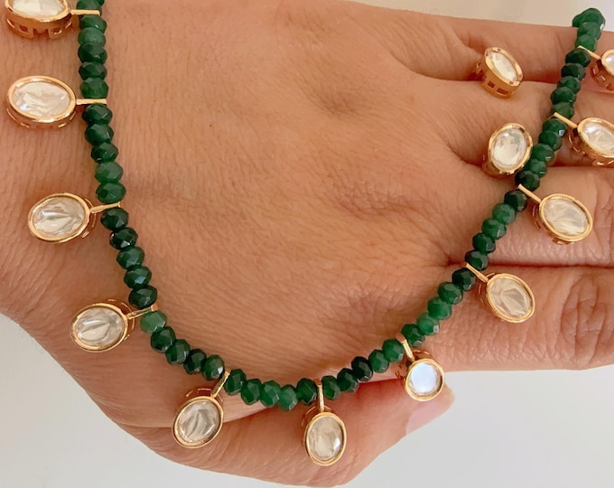 Polki Kundan emerald  Jewelry Moissanite  necklace studs set/ Kundan Necklace / Indian Bridal Jewelry/Indian Wedding jewelry