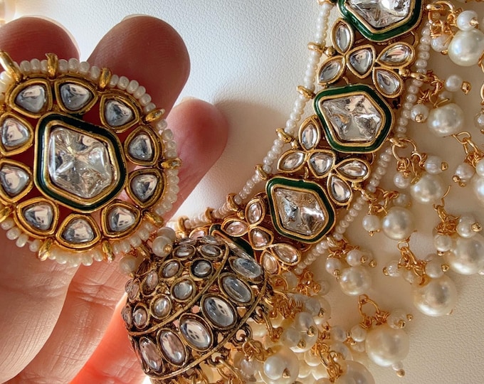 Gold Kundan Necklace Set with long jhumka and Tikka /Kundan Choker/bridal necklace/Indian wedding jewelry/Bridal necklace set