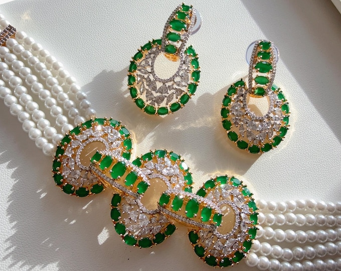 2 Tone Gold Emerald green Necklace diamond choker/Indian jewelry/ CZ Choker/Bridal choker/ 2 tone green diamond choker