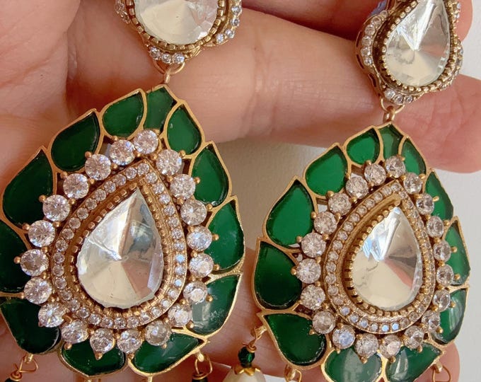 Sabyasachi-Inspired Moissanite kundanGreen Earrings/Elegant Statement Jewelry/Gold Finish Moissanite Polki Earrings/Bridal Diamond earrings