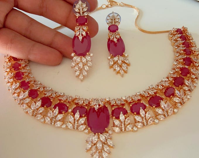 2 Tone Gold Ruby Necklace diamond choker  /Indian jewelry/ CZ Choker/Bridal choker/ Indian Necklace/2 tone Ruby diamond choker