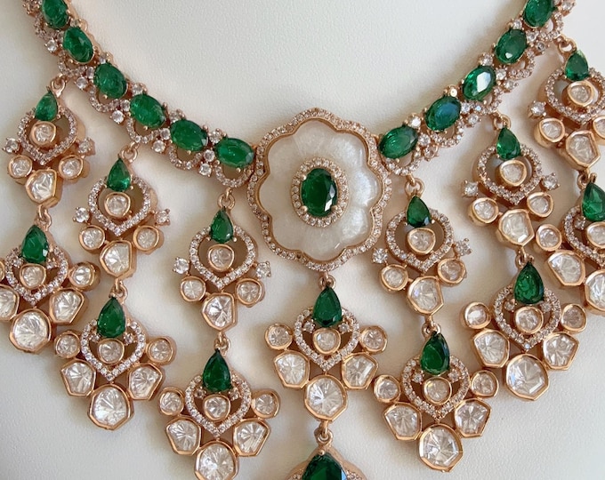 Semi Bridal Mother of pearl  Moissanite necklace Set/Kundan Moissanite Necklace/ Indian Bridal Jewelry/Kundan Wedding Jewelry