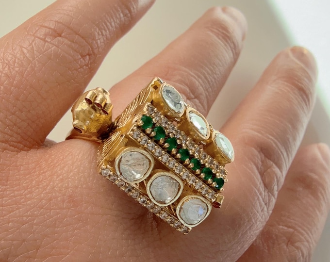 Bridal Kundan  Moissanite emerald green diamond Ring/Adjustable Ring/Peacock  Kundan Ring /Indian Wedding jewelry/Moissanite  Kundan ring