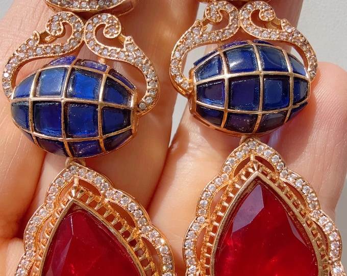 Sabyasachi-Inspired Moissanite kundan Earrings/Elegant Statement Jewelry/Blue Ruby dual shade Moissanite  Earrings/Bridal Diamond earrings