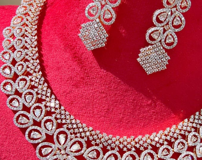 2 Tone diamond necklace  /Indian jewelry/ CZ Choker/Bridal choker/ Indian Necklace/2 tone gold diamond choker/Bridal choker