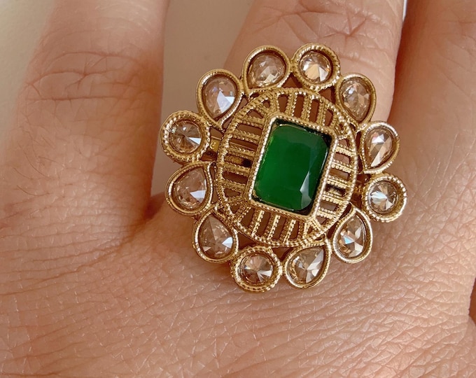Kundan Polki green  Ring/Adjustable Ring/ Indian Ring/ Indian Jewelry/Indian Wedding jewelry/bridal accessories