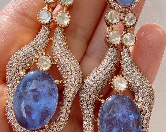 Sabyasachi-Inspired Diamond Doublet Blue kundan Earrings/ Statement Jewelry/Diamond Moissanite doublet clubbed together Earrings/
