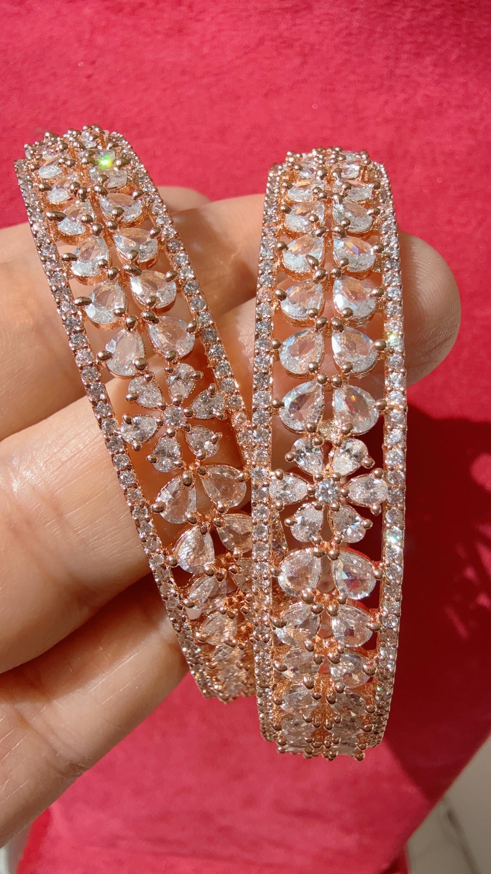 Rose Gold American Diamond Bangle Pair / Cz Stone Rose Gold Kada