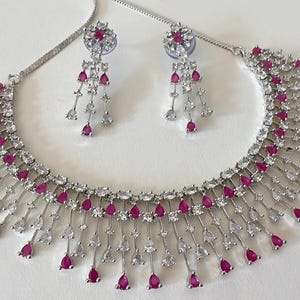 Rain Diamond Necklace silver  Ruby  Indian jewelry/ CZ Choker/Bridal choker/Ruby Diamond choker/ Silver Ruby diamond diamond choker