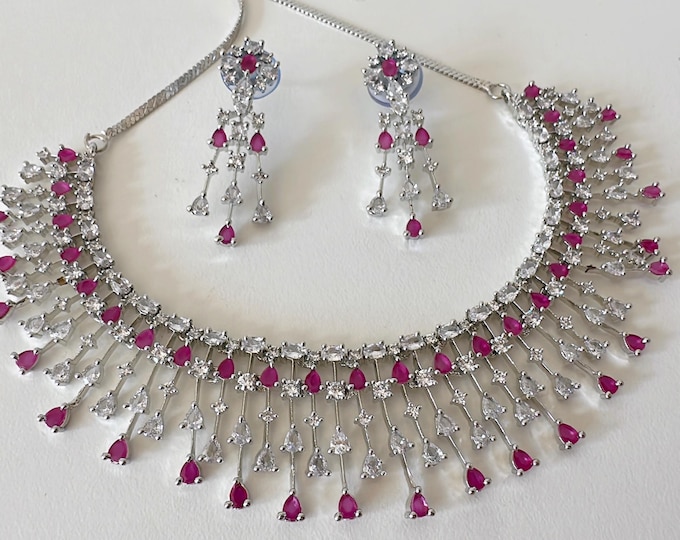 Rain Diamond Necklace silver  Ruby  Indian jewelry/ CZ Choker/Bridal choker/Ruby Diamond choker/ Silver Ruby diamond diamond choker