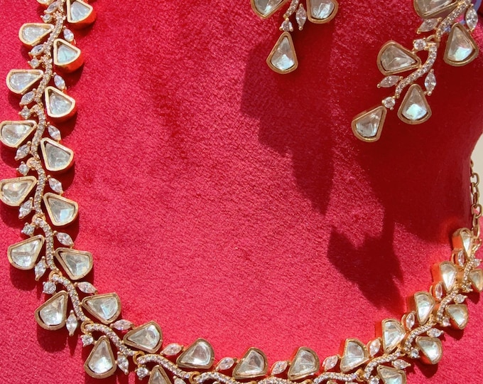 Moissanite diamond  necklace  set/Polki Kundan diamond choker Necklace / Indian Bridal Jewelry/Indian Wedding jewelry