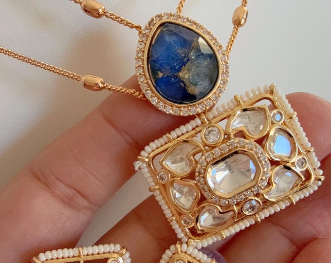 Premium Moissanite Sapphire blue Pendant Set/Kundan Stone Necklace/ Indian Bridal Jewelry/Moissanite fire stone  Kundan Wedding Jewelry