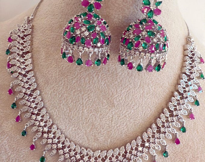 Ruby green CZ diamond necklace  /Indian jewelry/ CZ bridal necklace/Bridal diamond jhumka choker/Indian Necklace/Silver CZ Diamond necklace/