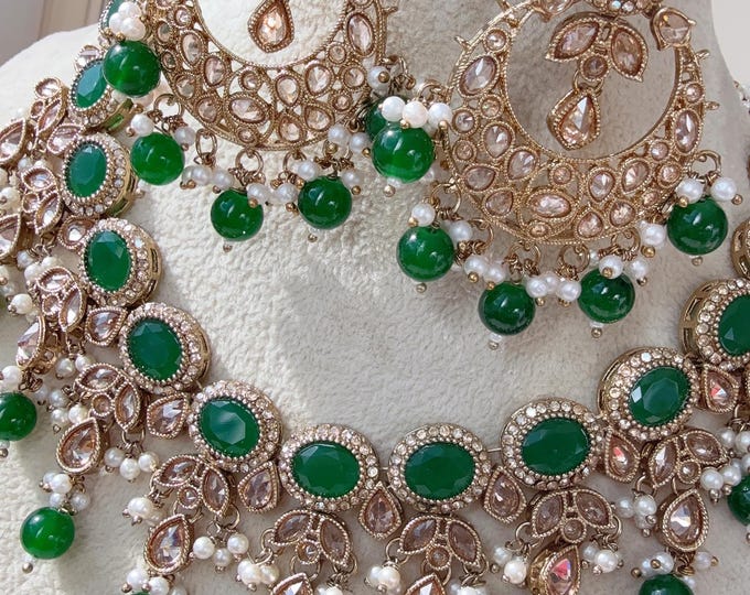 Antique Green kundan  Polki Kundan  necklace  Set Chandbali and Tikka  /bridal necklace/Indian wedding jewelry/Bridal necklace set/