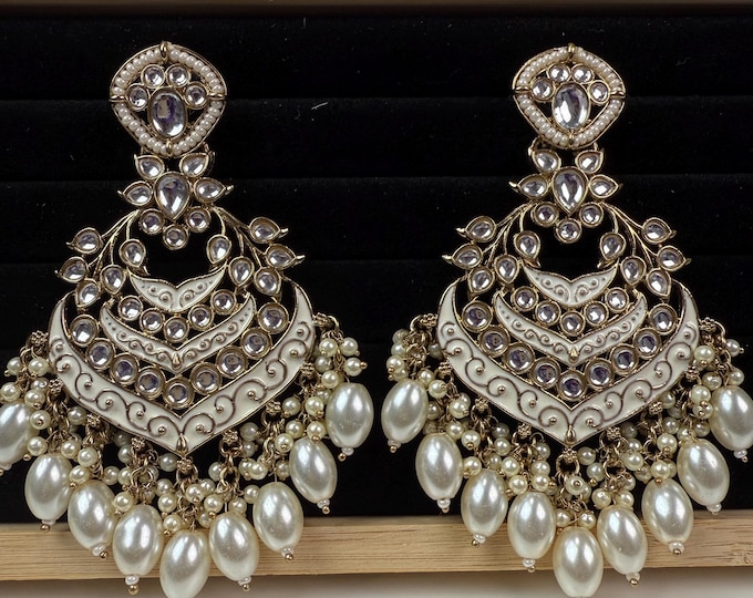 Gold Pearl Meenakari  Kundan chandbali Earrings/Kundan chandbali /Bridal earrings/Pearl drop earrings /Bridesmaid Earrings