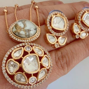 Premium Moissanite white Pendant Set/Kundan Stone Double Layer Necklace/ Indian Bridal Jewelry/Uncut Moissanite Polki Kundan Wedding Jewelry
