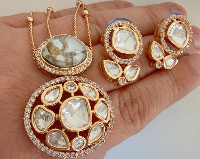 Premium Moissanite white Pendant Set/Kundan Stone Double Layer Necklace/ Indian Bridal Jewelry/Uncut Moissanite Polki Kundan Wedding Jewelry