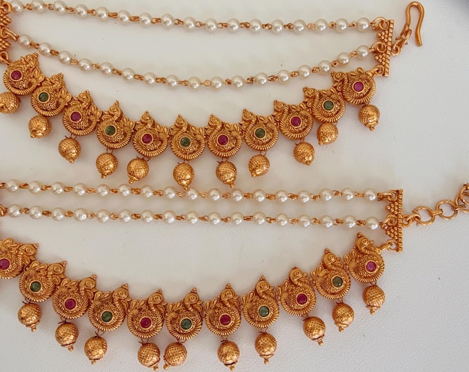 Gold plated Ruby Green  pearl  Ear Chain/Sahare/Earring support chain/Kaan sahara//Pakistani Jewelry/Bahubali Earrings/Indian Jewelry