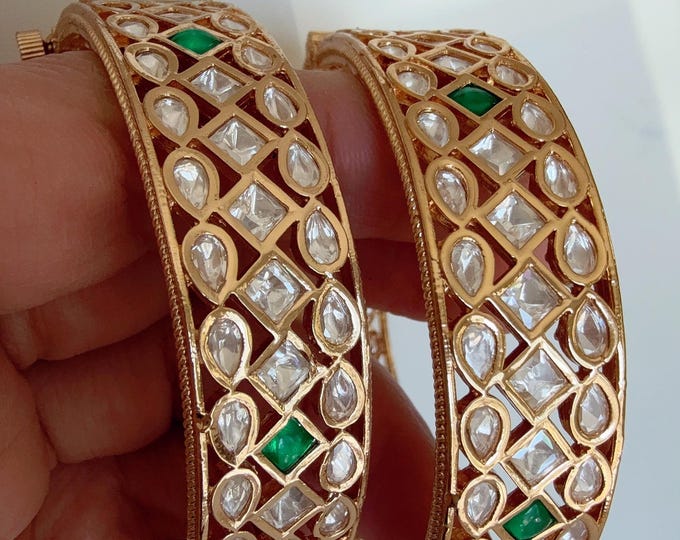 Openable Moissanite green kundan bridal  wide kada Bangles / Cz stone Moissanite kada /Indian Jewelry /bridal kundan wide kada bangles