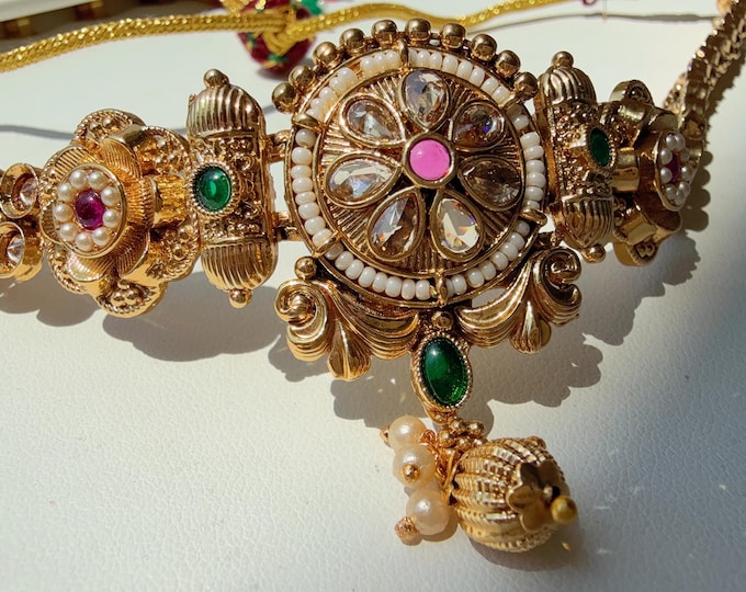 Adjustable Ruby Green  Baju bandh/Indian wedding jewelry/Vanki/  Armlet/ Indian Jewelry/Antique Kundan Baju Band/Antique Bajuband