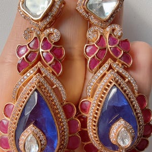Sabyasachi-Inspired Moissanite Earrings/ Statement Jewelry/  Ruby blue sapphire  dual shade Moissanite Earrings/Bridal Diamond earrings