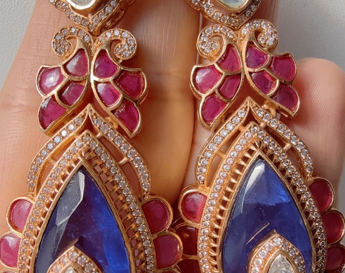 Sabyasachi-Inspired Moissanite Earrings/ Statement Jewelry/  Ruby blue sapphire  dual shade Moissanite Earrings/Bridal Diamond earrings