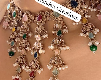Antique Multi Color Kundan Polki Necklace Set, Indian Bridal Jewelry Set, Wedding Statement Necklace, Pakistani Bridal Jewelry - Nimrit