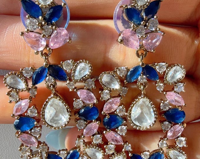 Diamond Blue pink dual shade Earrings / Indian Jewelry Indian Earrings/American Diamond jhumka/CZ Earrings/Indian jhumka