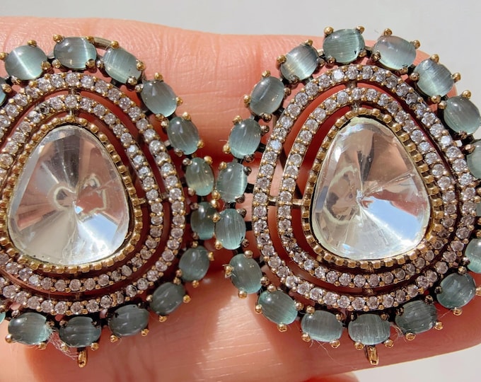Mint Moissanite precious Stone stud Earrings/Moissanite  diamond Kundan Studs /Indian Jewelry /Statement Stud Earring/