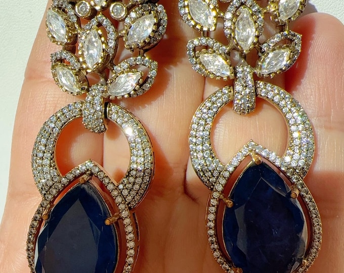 Blue Doublet Stone Moissanite kundan Earrings/Elegant Statement Jewelry/blue Moissanite Earrings/Bridal Diamond blue earrings
