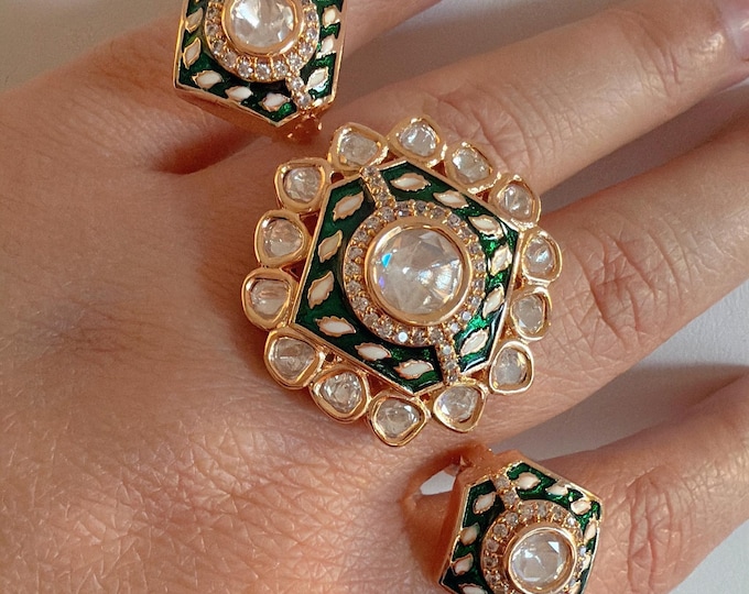 Bridal Kundan Moissanite  Oversized Ring/green bridal Ring/Double Finger Kundan Statement Ring /Two Finger Kundan ring