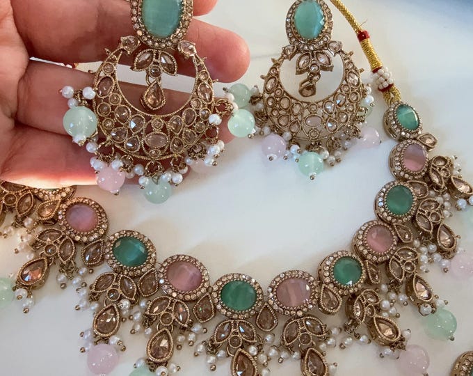 Antique Mint Pink kundan  Polki Kundan  necklace  Set Chandbali and Tikka  /bridal necklace/Indian wedding jewelry/Bridal necklace set/
