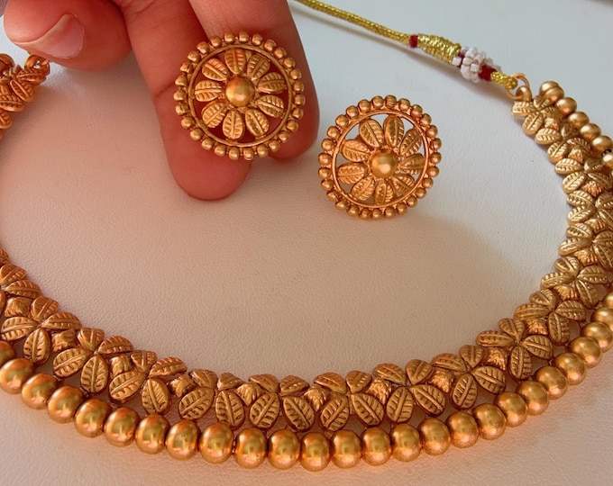 Gold Choker Necklace with studs  /Indian Choker /Guttapusalu necklace /Temple jewelry/South Indian jewelry/Indian Wedding jewelry