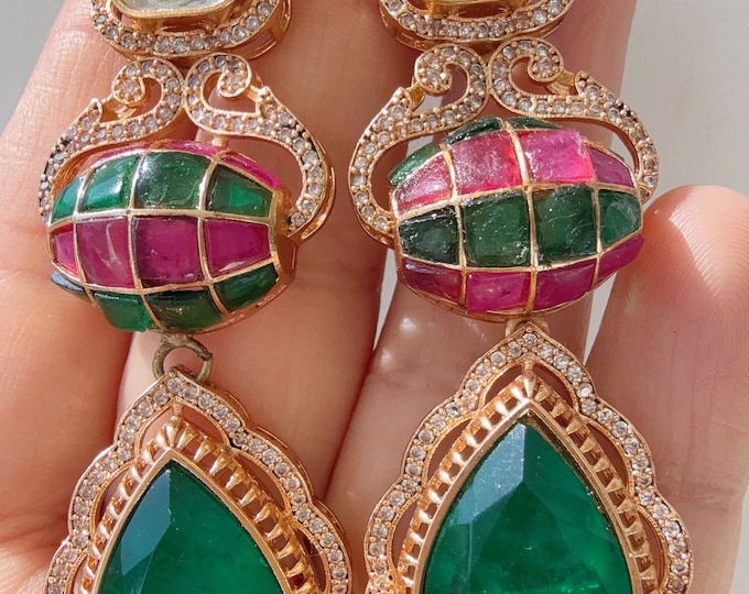 Sabyasachi-Inspired Moissanite  Green Ruby  Earrings/Elegant Statement Jewelry/ Moissanite Green  Earrings/Bridal Diamond earrings
