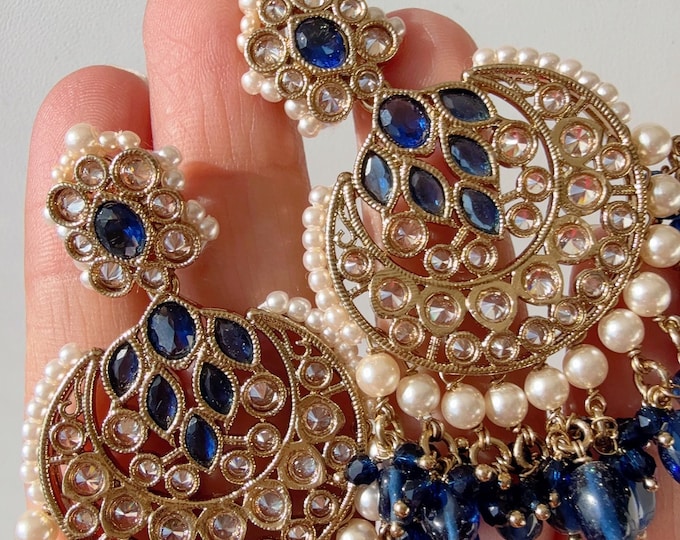 kundan chandbali Blue earrings  jhumka/Kundan Earrings /Statement earrings /Bridal earrings/Pearl drop earrings/Blue   Antique earrings