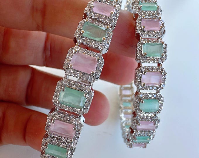American diamond Mint Pink bangle pair / Cz stone silver  emerald  gold kada/gold bracelet/indianCZ  bangles/Indian Jewelry /bridal jewelry