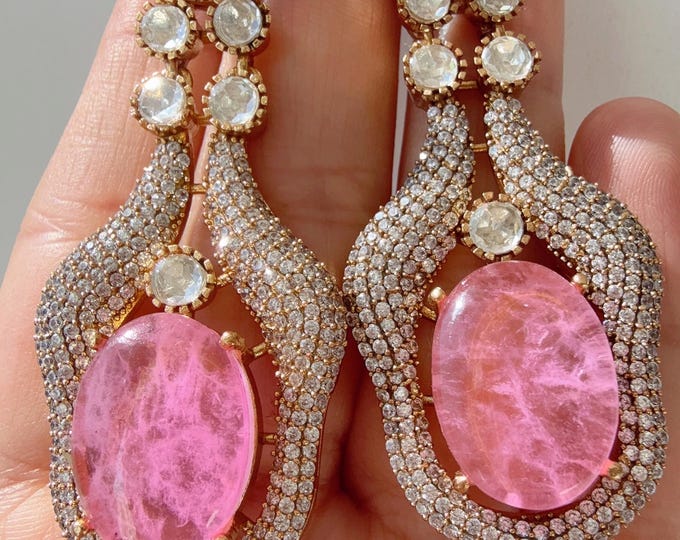 Sabyasachi-Inspired Diamond Doublet Baby pink kundan Earrings/ Statement Jewelry/Diamond Moissanite doublet clubbed together Earrings/