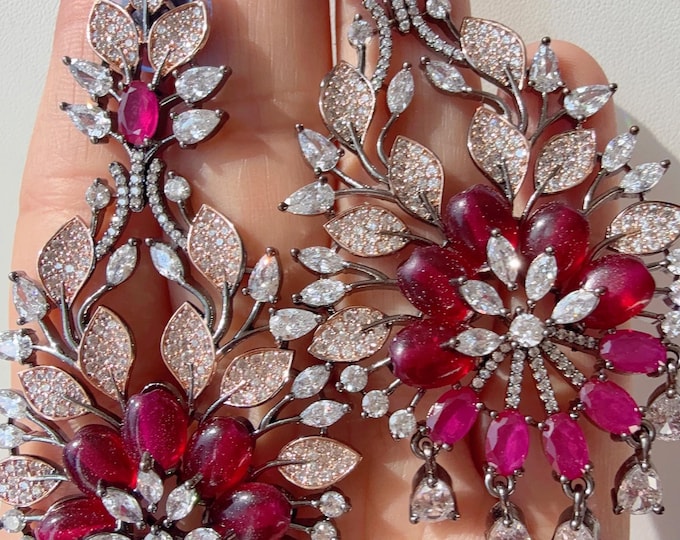Lightweight Rose Gold black  CZ  diamond  Chandelier Earrings/Diamond Chandelier Rose gold Ruby Earrings/Flower Drop Dangle Earrings