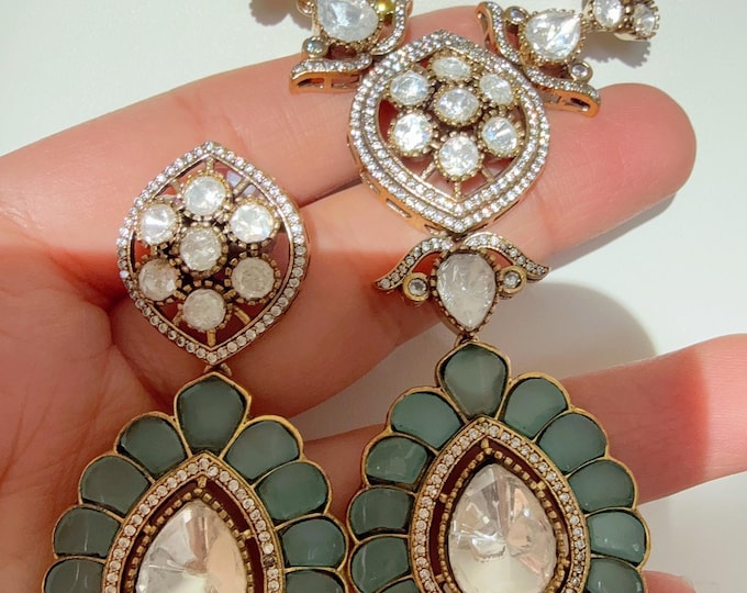 Kundan Jewelry Moissanite long necklace set/Kundan Moissanite Stone bridal long  Necklace / Indian Bridal Jewelry/Mint Long  necklace