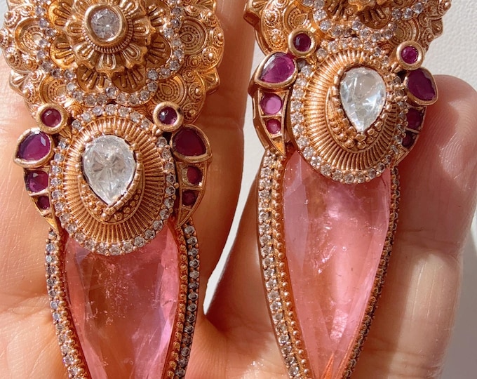 Sabyasachi-Inspired Moissanite Baby pink Ruby doublet stone kundan Earrings/doublet stone earrings/Moissanite Earrings/Diamond earrings