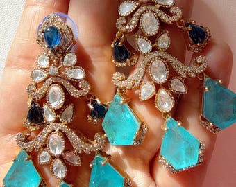 Pendientes de moissanita azul turquesa kundan inspirados en Sabyasachi / Pendientes de moissanita firoza con doblete / Pendientes de diamantes para novias